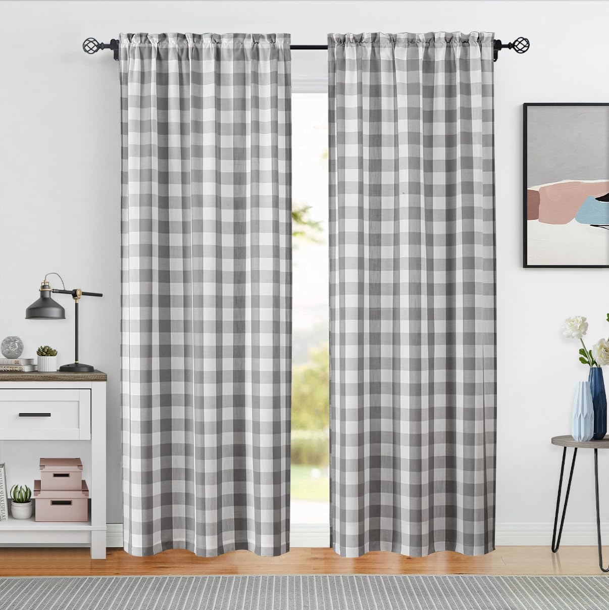 Bapawfish Gray White Buffalo Plaid Window Curtain Panels 90 Inches Length,Farmhouse Gingham Semi Sheer Drapes For Bedroom Living