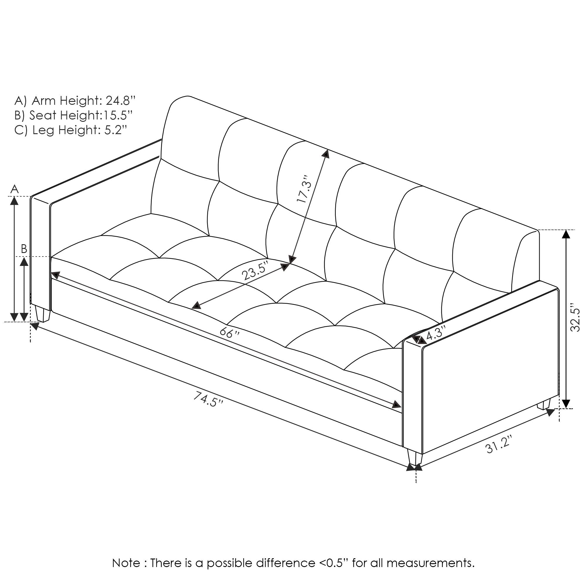 Furinno Brive Contemporary Tufted Faux Leather 3-Seater Sofa Couch For Living Room, Black Faux Leather