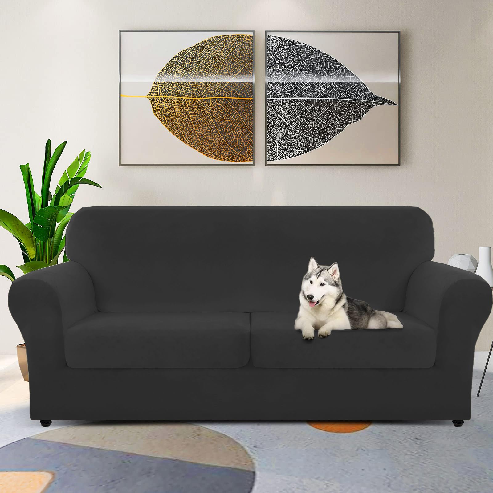 Znsayotx Oversized Velvet 3 Piece Couch Cover With 2 Extra Large Seat Cushion Covers Stretch Sofa Cover For 2 Cushion Couch Thick Soft Loveseat Sofa Slipcover (Black),71'-91'(2 Cushions)