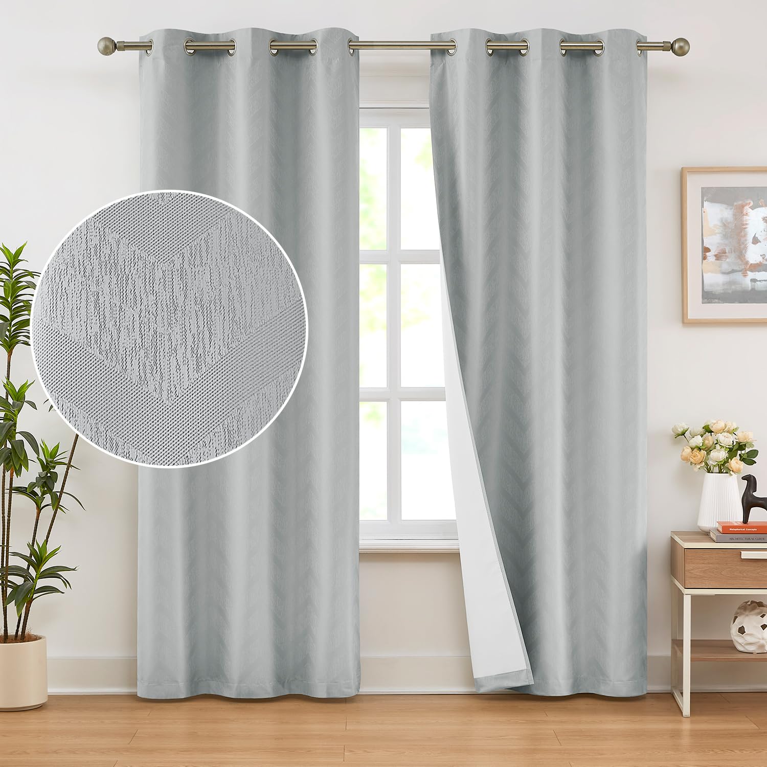Chevron Blackout Curtains For Bedroom 63'' Grey Jacquard Woven Blackout Window Treatment Set For Men Guest Room Nursery Thermal