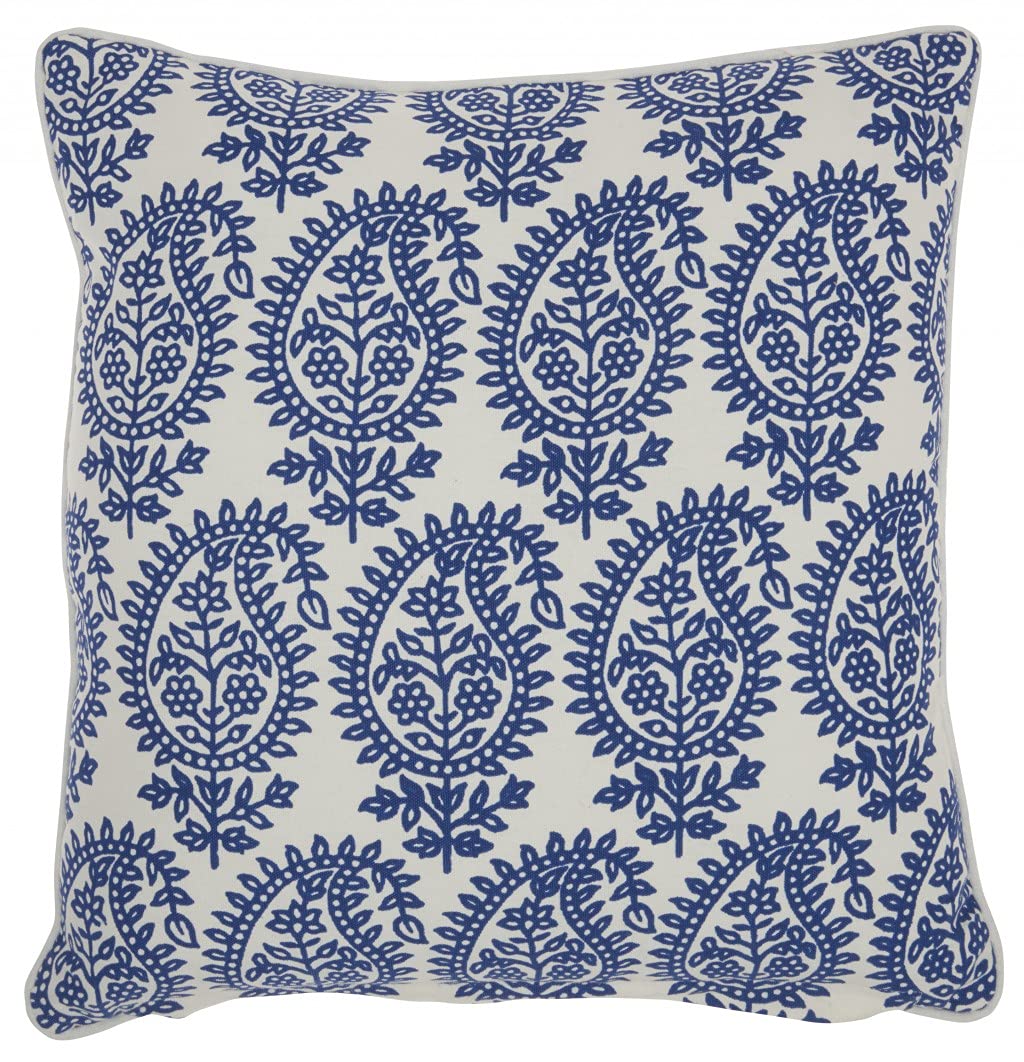 HomeRoots 100% Cotton Duck Blue and Ivory Bohemian Paisley Throw Pillow
