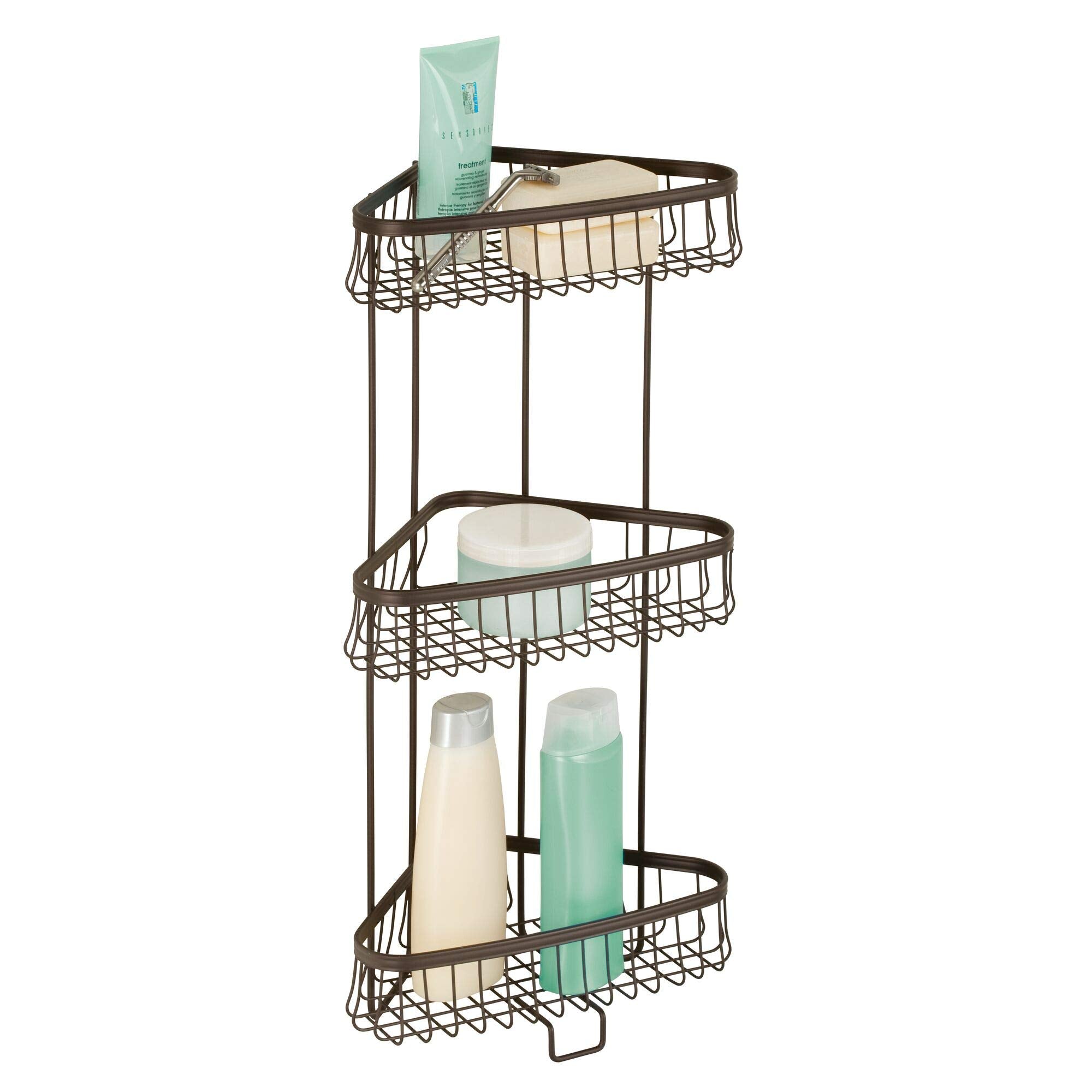 iDesign York Metal Wire Corner Standing Shower Caddy 3-Tier Bath Shelf Baskets for Towels, Soap, Shampoo, Lotion, Accessories, B