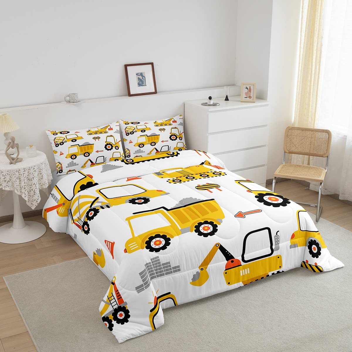 Feelyou Cartoon Car Comforter Set Kids Construction Comforter For Boys Equipment Trucks Bedding Set Breathable Cartoon Yellow Ca