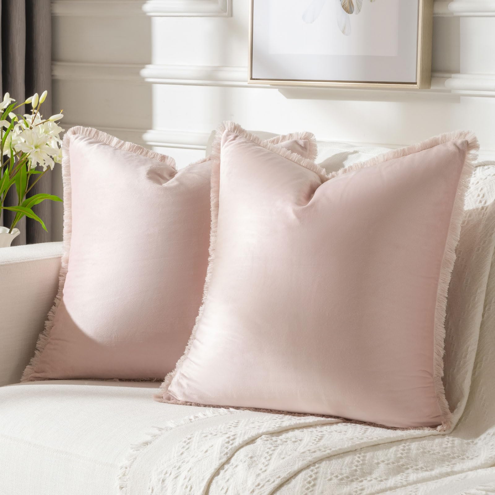 Futei Pink Boho Throw Pillow Covers With Tassels 20X20 Inch Set Of 2,Soft Velvet Decorative Cushion Case,Home Decor For Couch Be