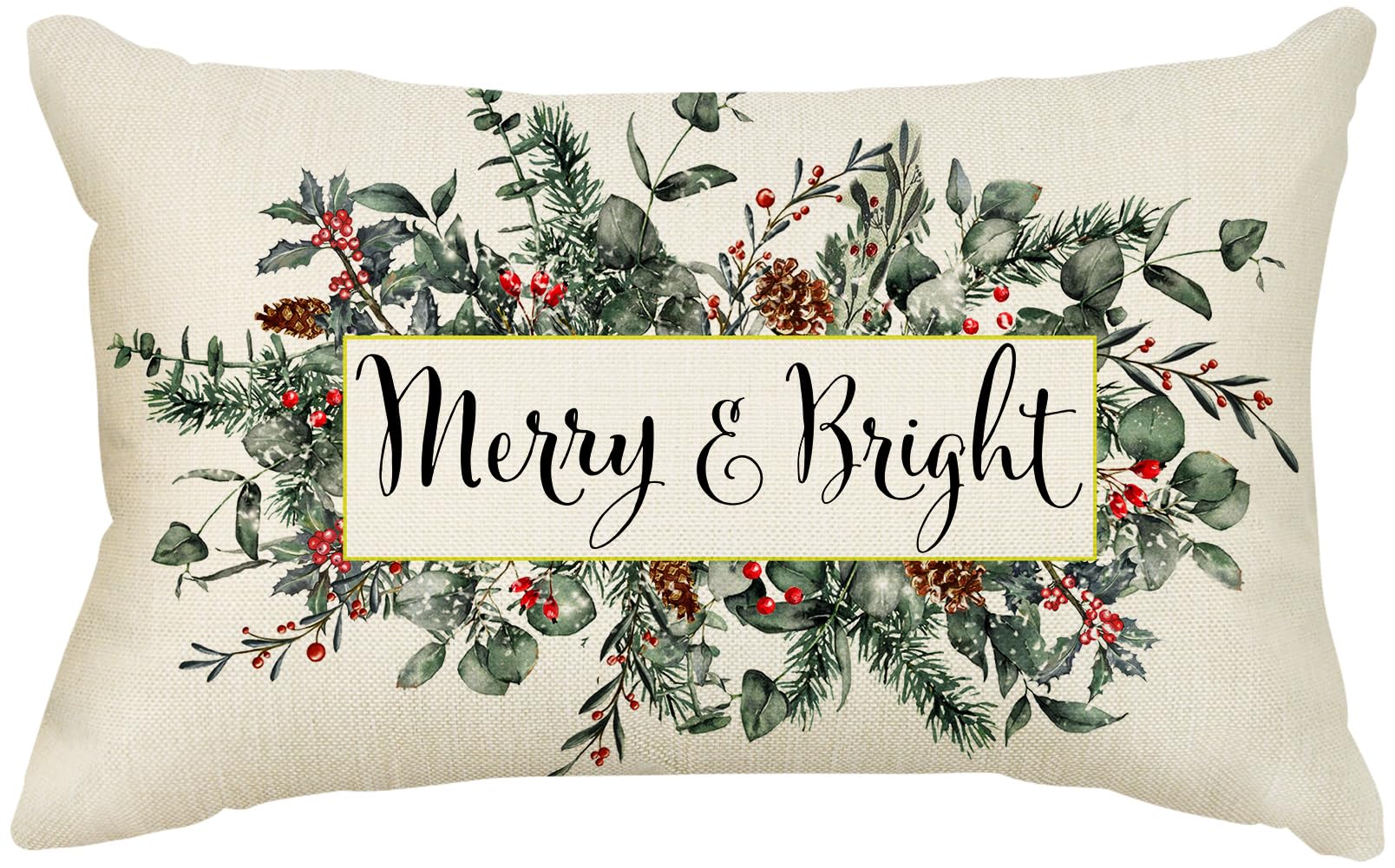 Aoke Christmas Merry & Bright Eucalyptus Mistletoe Throw Pillow Cover, 12 X 20 Inch Winter Holiday Decorative Lumbar Pillow Cove