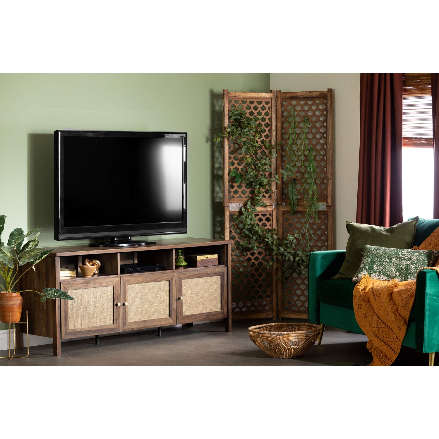 South Shore Balka Tv Stand, 65&quot;, Natural Walnut And Faux Rattan