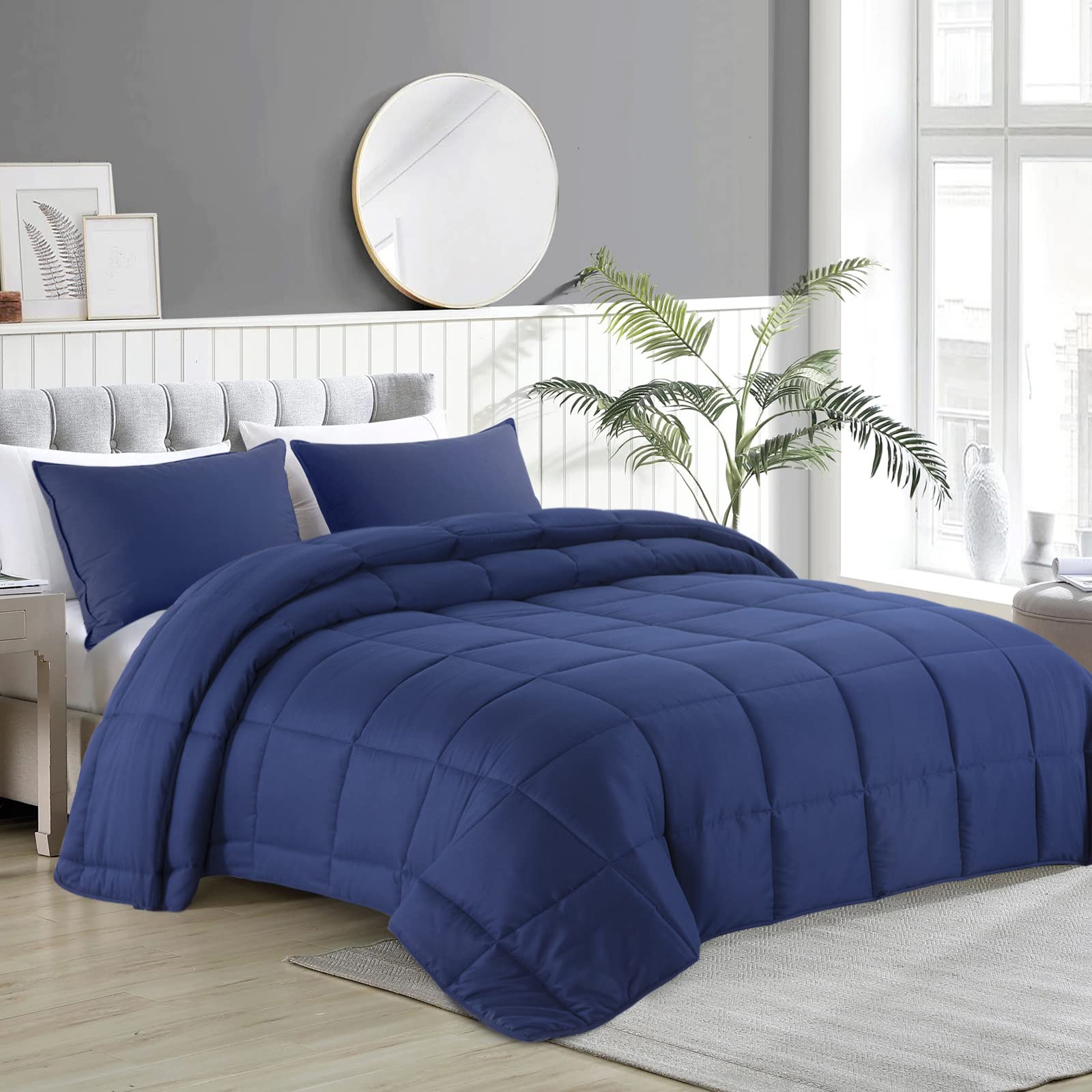 Hombys Oversized King Comforter 120X120 Lightweight Down Alternative Comforter For All Season,Navy Blue Quilted Duvet Insert Wit