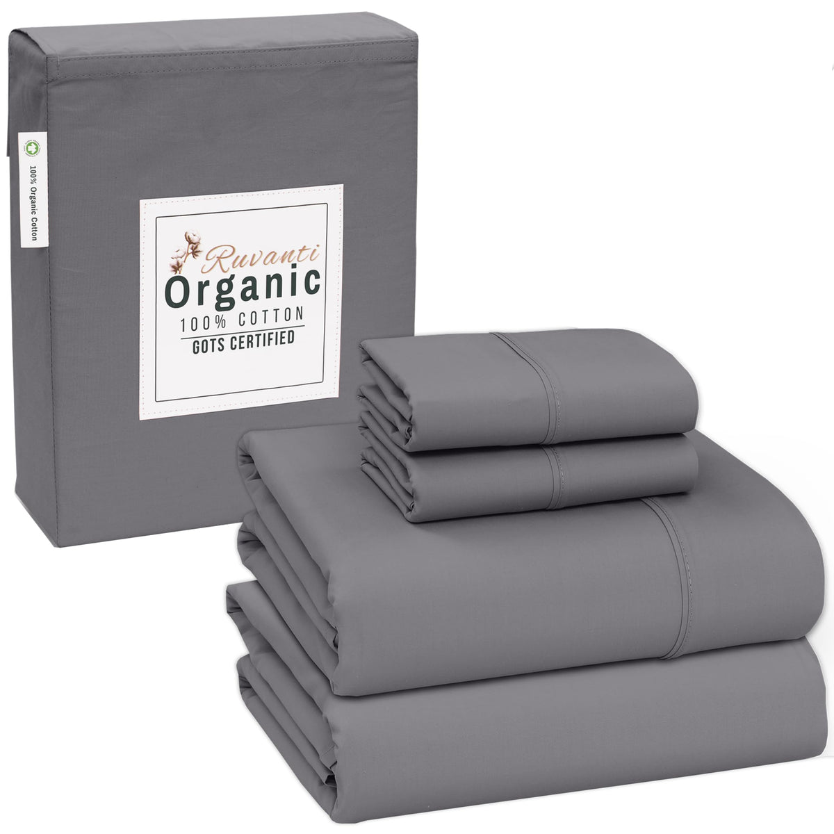 RUVANTI 100% Organic Cotton Sheets - Queen Sheet Set - Certified for GOTS - Breathable & Comfortable - Soft & Cooling Percale Gr