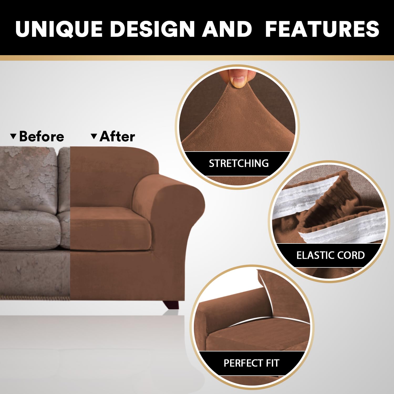 Princedeco 2 Piece Chair Cover Velvet Chair Slipcovers Soft Armchair Cover Furniture Protector With Arms Width Up To 49 Inch Chair Sofa Cover With Individual Cushion Covers(Small, Caramel)