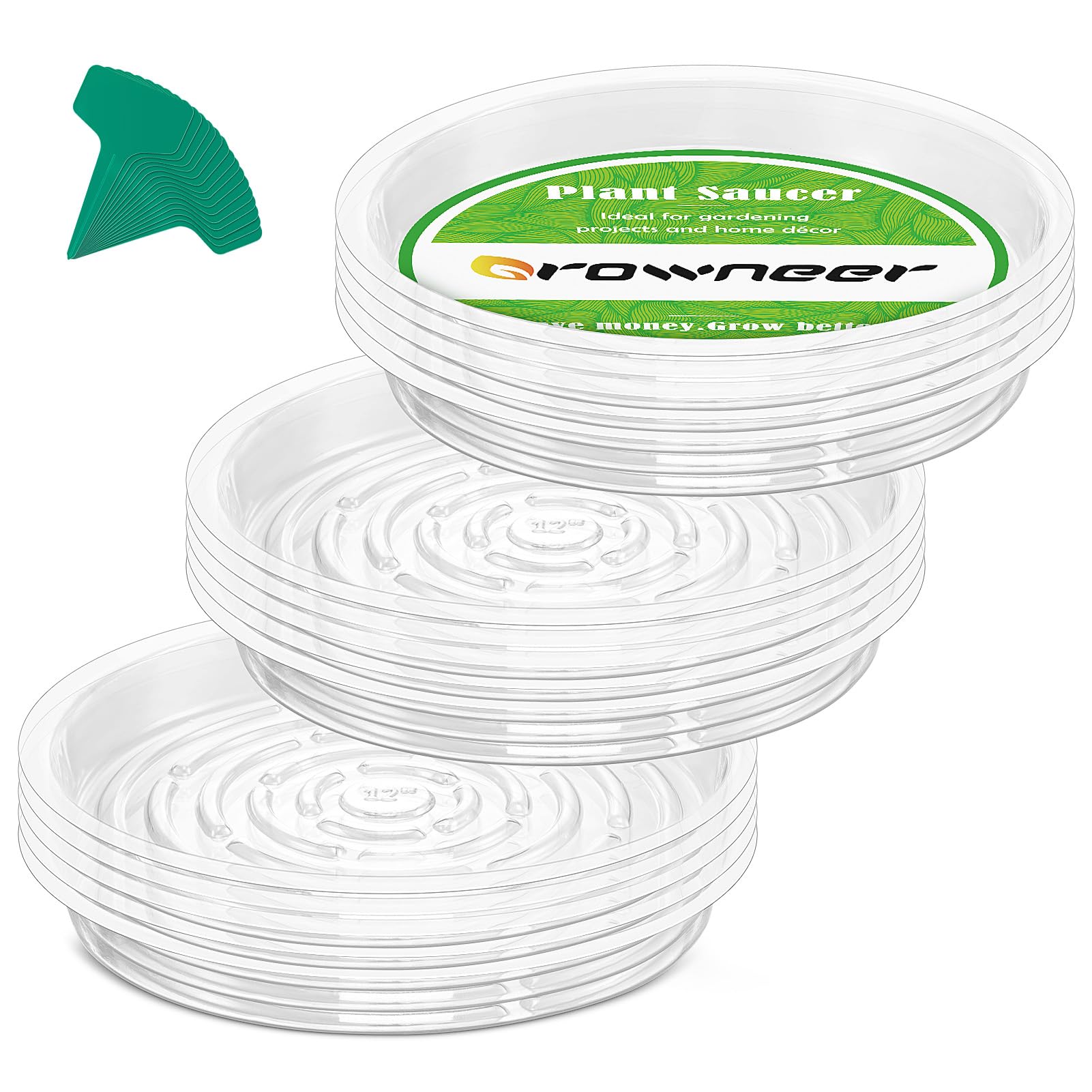 Growneer 15 Pack Of 12 Inches Clear Plant Saucers Flower Pot Trays, With 15 Pcs Plant Labels, Plastic Plant Saucer Drip Trays Fo