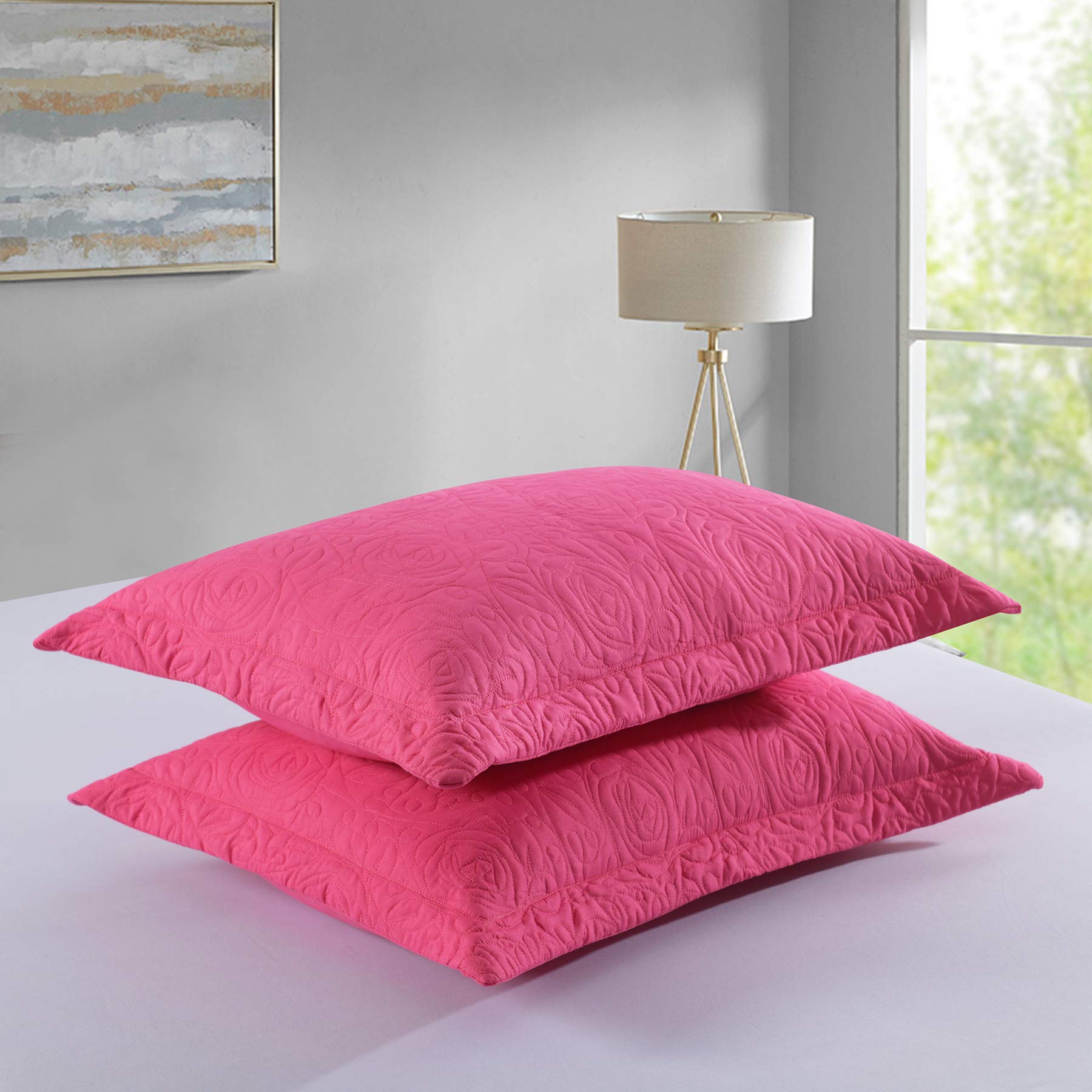 Marcielo 2-Piece Embroidered Pillow Shams, Queen Decorative Microfiber Pillow Shams Set Standard Size (Hot Pink)