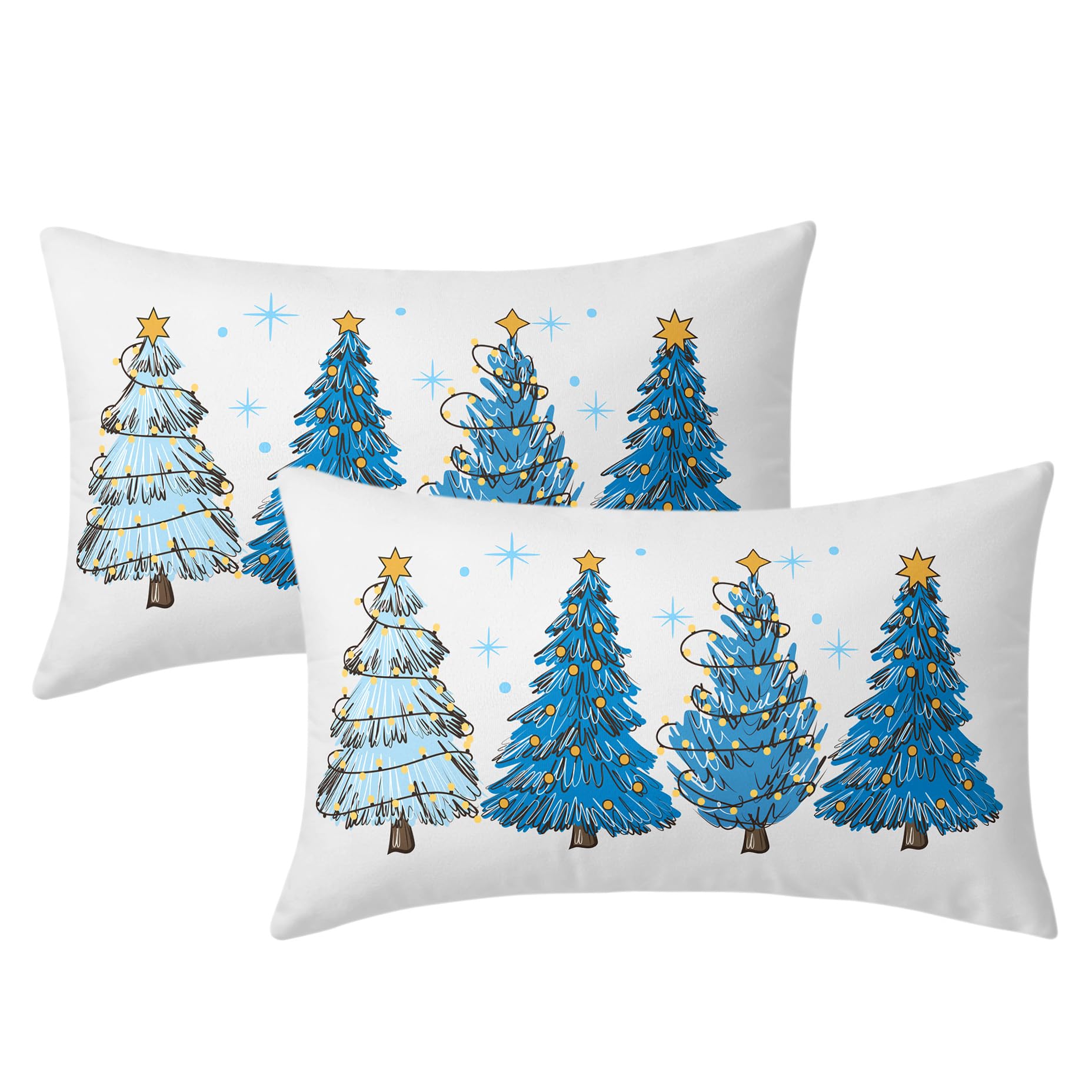 Blue Christmas Tree Lumbar Throw Pillow Covers 12X20 In Set Of 2 Xmas Tree Lights Stars Decorative Rectangle Pillow Cases Winter