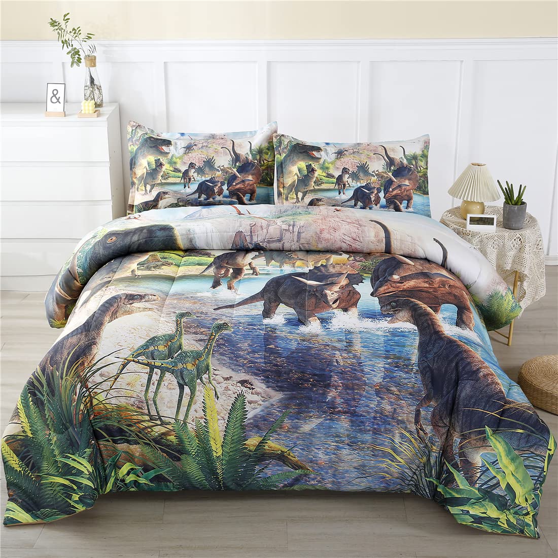 Winlife Dinosaur Comforter Set Queen Kids Dinosaur Bedding Set Jurassic Jungle Dino Comforter Sets For Boys Teens, Lightweight E