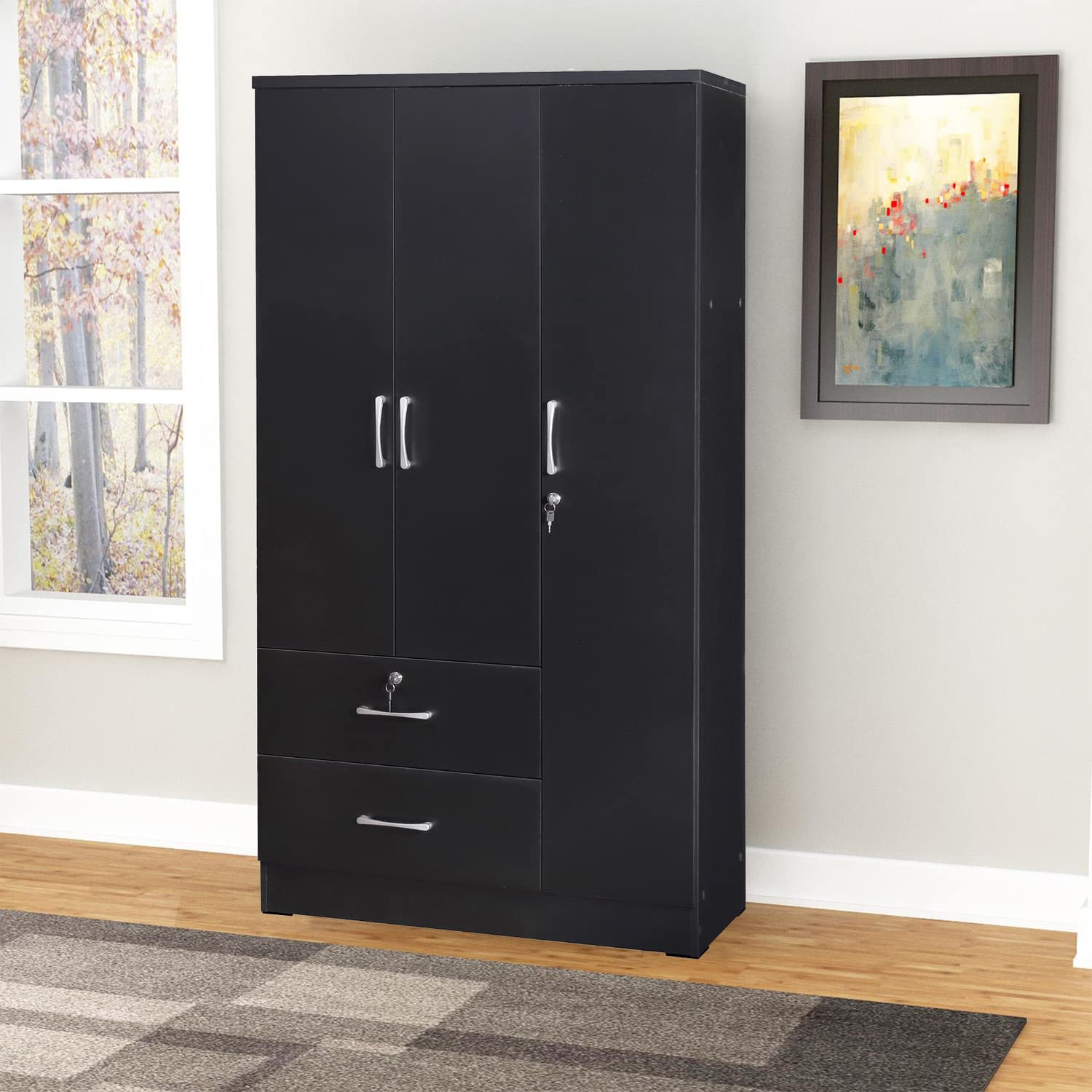 Better Home Products Symphony Wardrobe Armoire Closet with Two Drawers in Black