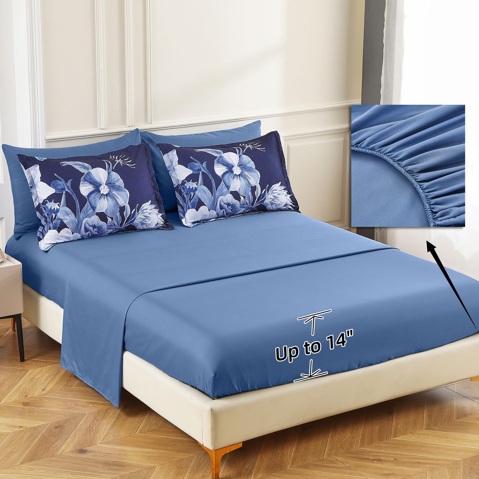 Luxudecor Floral Comforter Set King Size 7 Piece, Navy Blue Flower Bed In A Bag, Elegant Floral Comforter With Sheet Set, Soft M