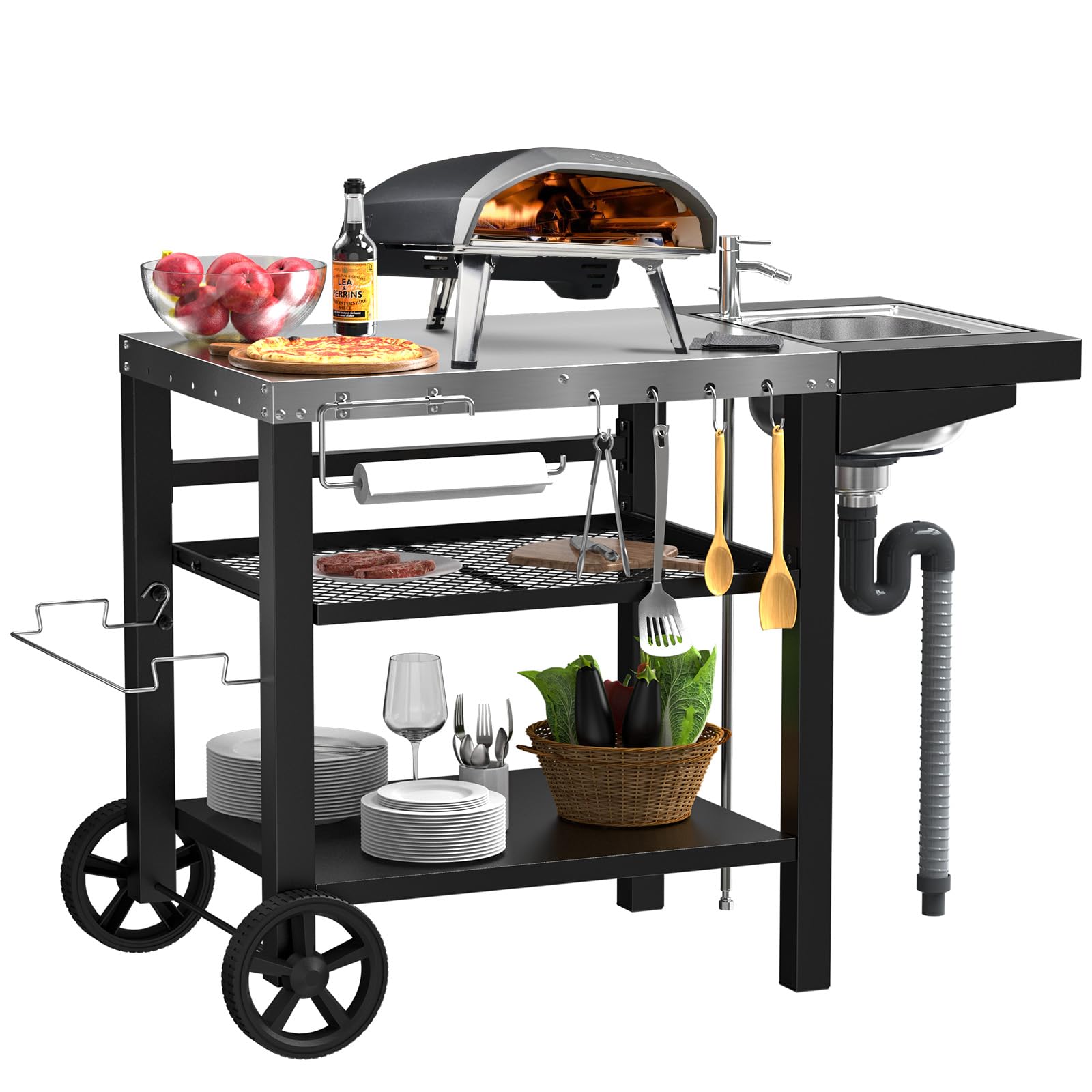 Outdoor Grill Table Cart, Pizza Oven Cart Table With Sink & Drawer & Wheels, Movable 3 Shelf Food Prep Table For Ninja Woodfire,
