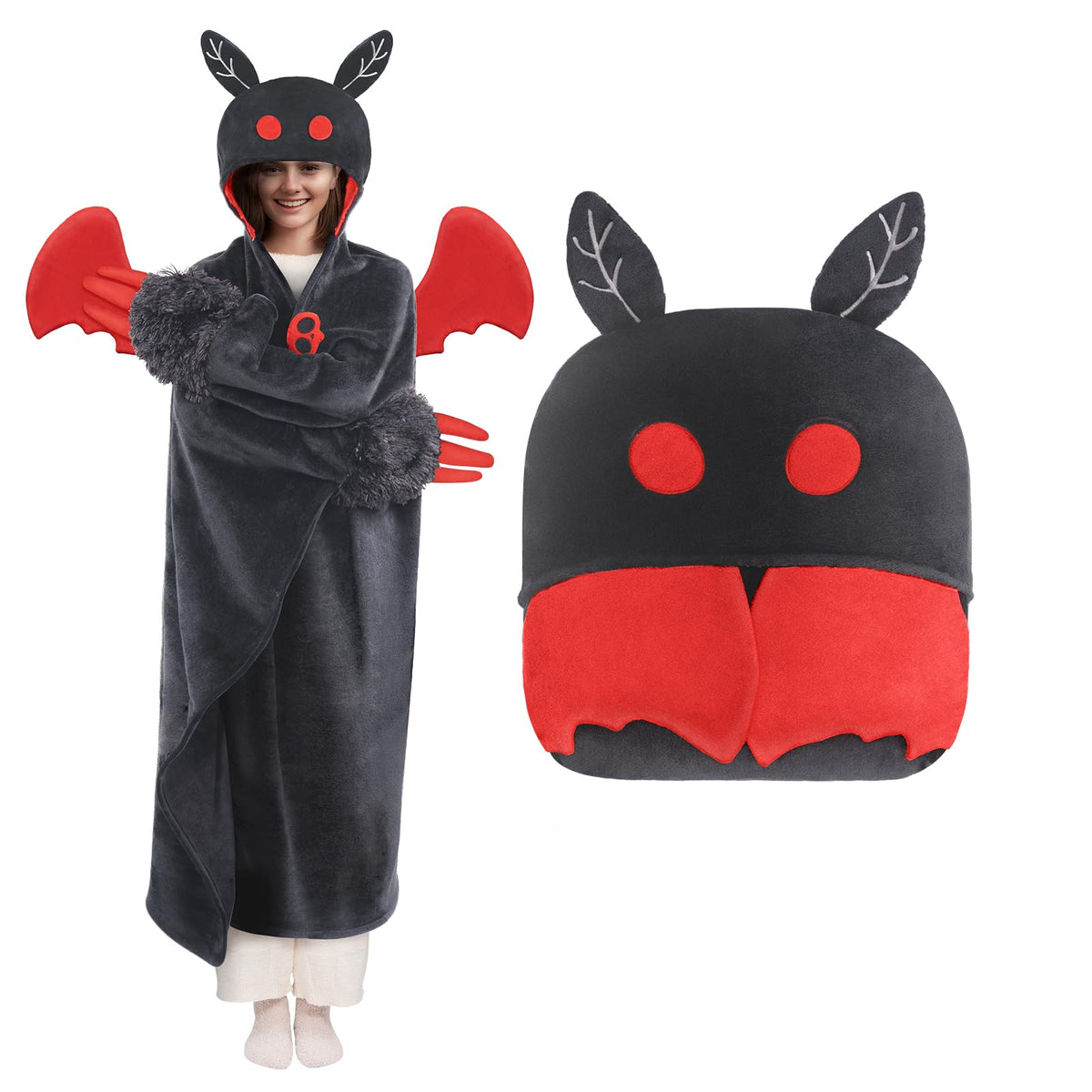 Mewaii Wearable Mothman Blanket Hoodie For Adults, Halloween Mothman Costume Hooded Cloak, Warm And Cozy Flannel Cute Animal Bla