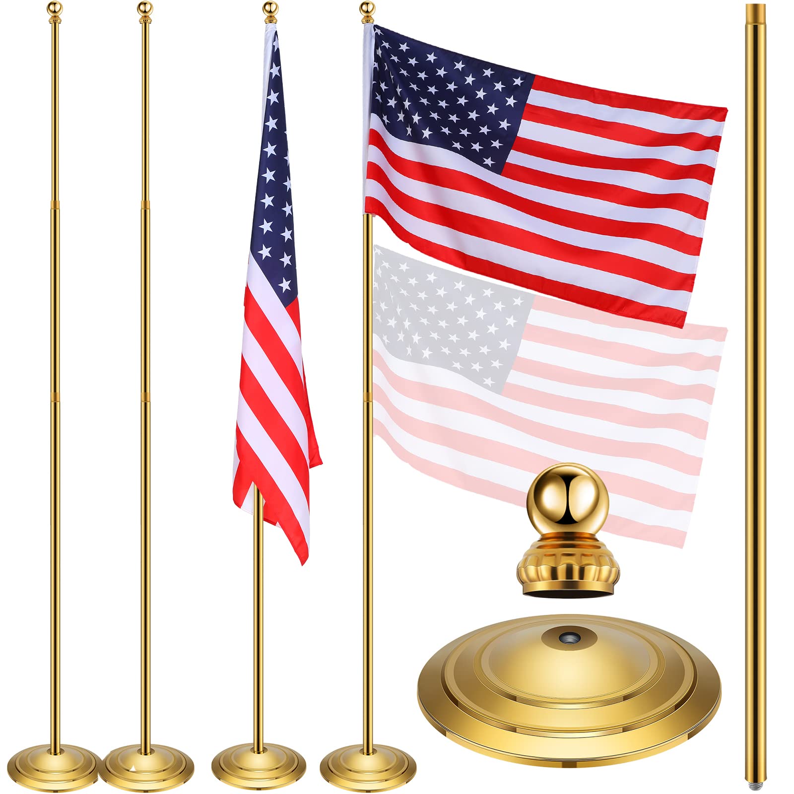 Threan 2 Sets Indoor Telescoping Flag Pole With Base Gold Ball Top Flag Pole Kit With Flag Stand Stainless Steel Telescoping Fla
