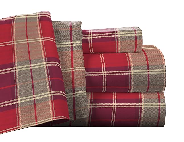 Pointehaven Flannel Deep Pocket Set With Oversized Flat Sheet, Queen, Piedmont Plaid