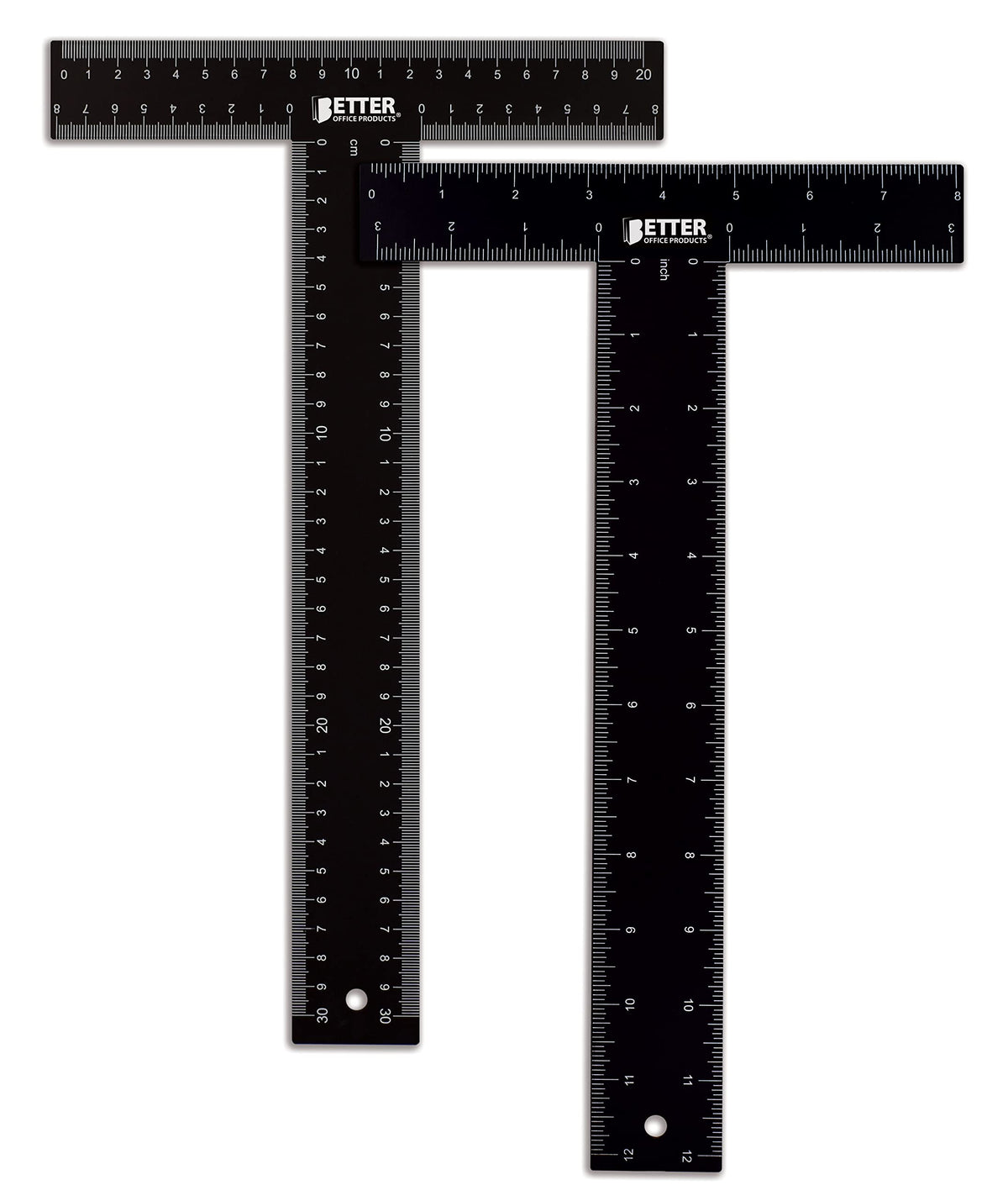 Better Office Products T Square (2 Pack) T Ruler, 12 Inch Metal Carbon Steel Ruler, Double Sided Standard & Metric Laser Printed