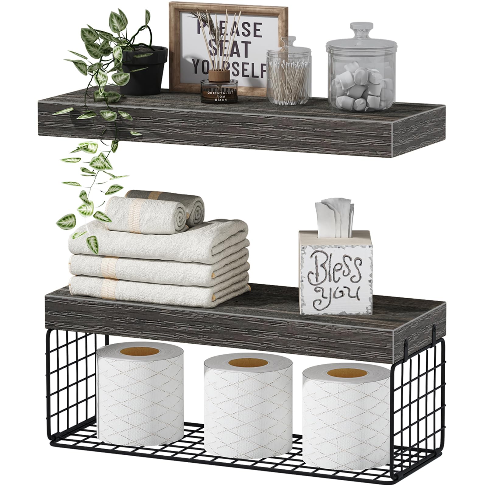 QEEIG Bathroom Shelves Over Toilet Wall Mounted Floating Shelves Farmhouse Shelf Toilet Paper Storage Small 16 inch Set of 2, Ru