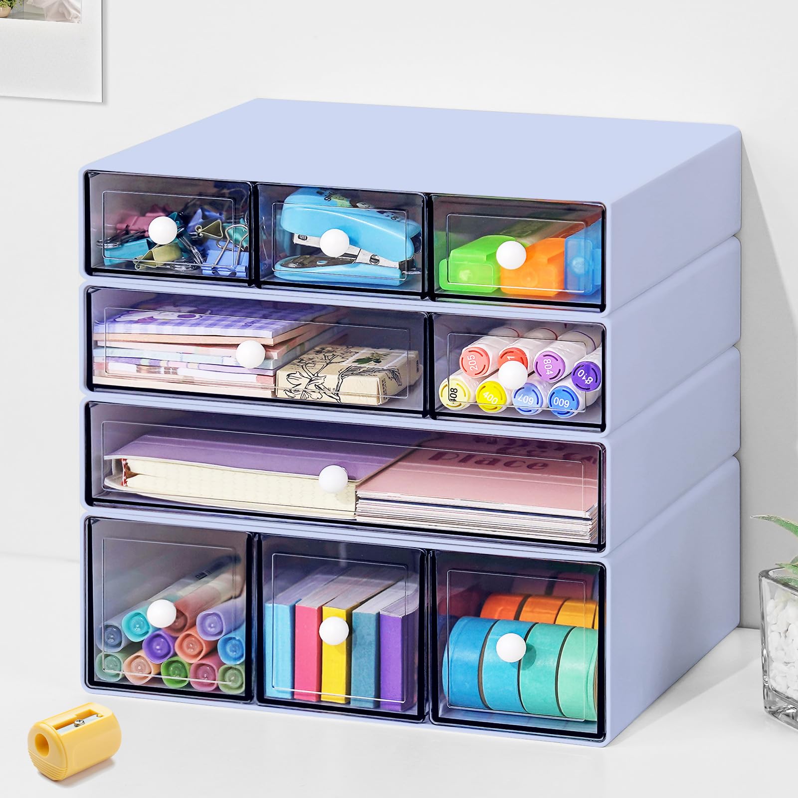 Mykasen Desk Organizer With 9 Drawers, 4 Tier Plastic Stackable Storage Drawers For Desk Storage, Office Stationary Makeup Organ