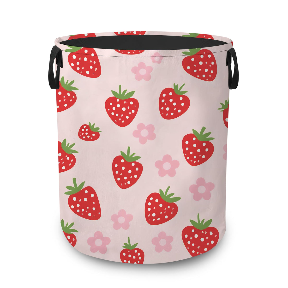 Laundry Basket,Pink Strawberry Foldable Clothes Hamper with Handles,Cute Flower Waterproof Oxford Cloth Storage Organizer for Be