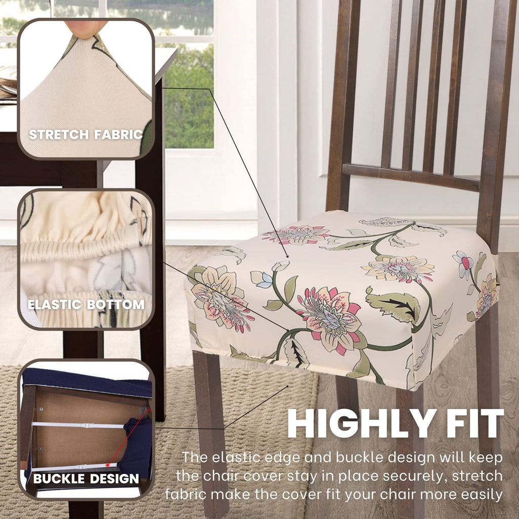 Searchi Stretch Dining Chair Seat Covers Set Of 6, Soft Removable Washable Seat Covers For Dining Chairs, Dining Room Seat Cover Protector (Rear-Covered, Brown Flowers)