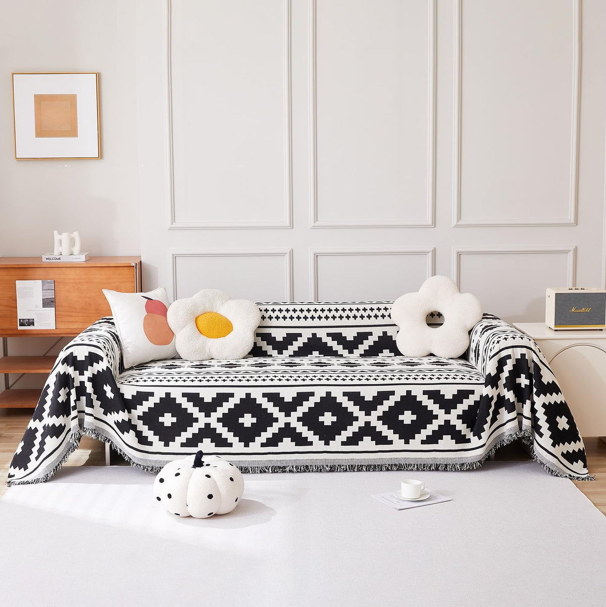 Handontime Geometric Boho Couch Cover Black Rhombic Couch Sofa Protector Dog Couch Cover Boho Sofa Covers For 3 Cushion Couch Chenille Sofa Covers Soft Durable Farmhouse Sofa Slipcovers, 71' X118'