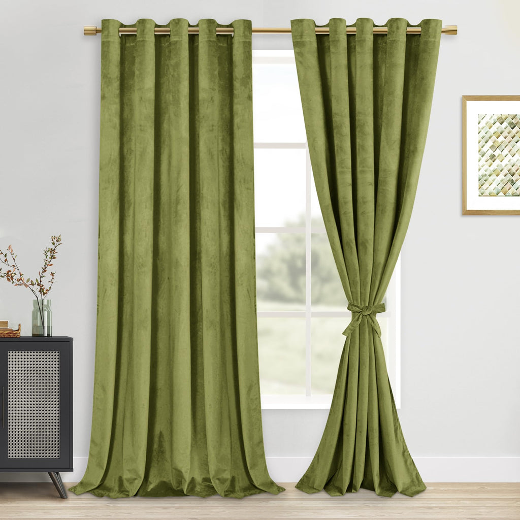 DWCN Velvet Curtains Extra Wide - Moss Green Elegant Sunlight Blocking Curtains for Living Room Thermal Insulated Noise Reducing
