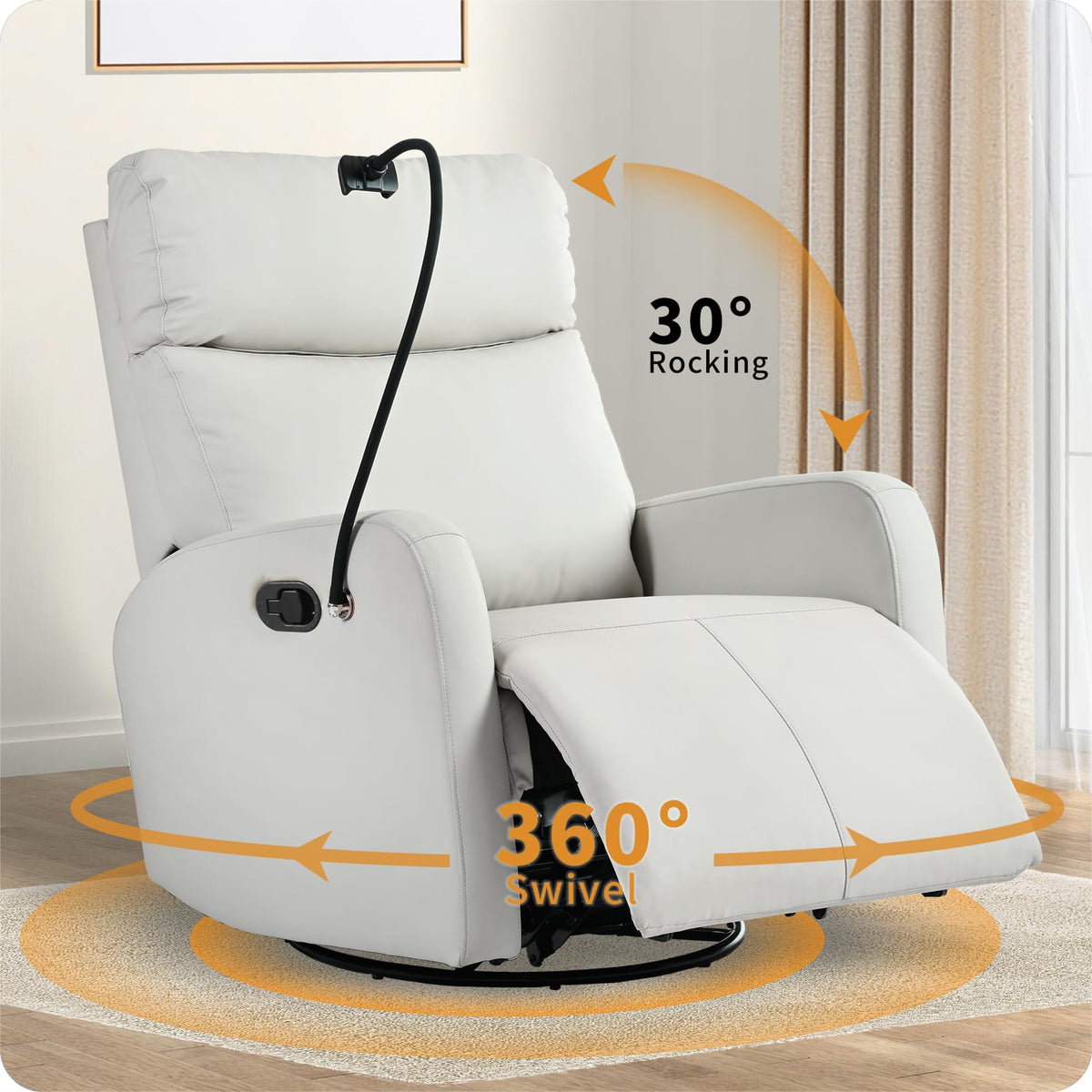 Qkff Swivel Rocker Recliner Chair For Nursery, Upholstered 360 Leather-Air Glider Rocking Chair With Phone Holder, Manual Small