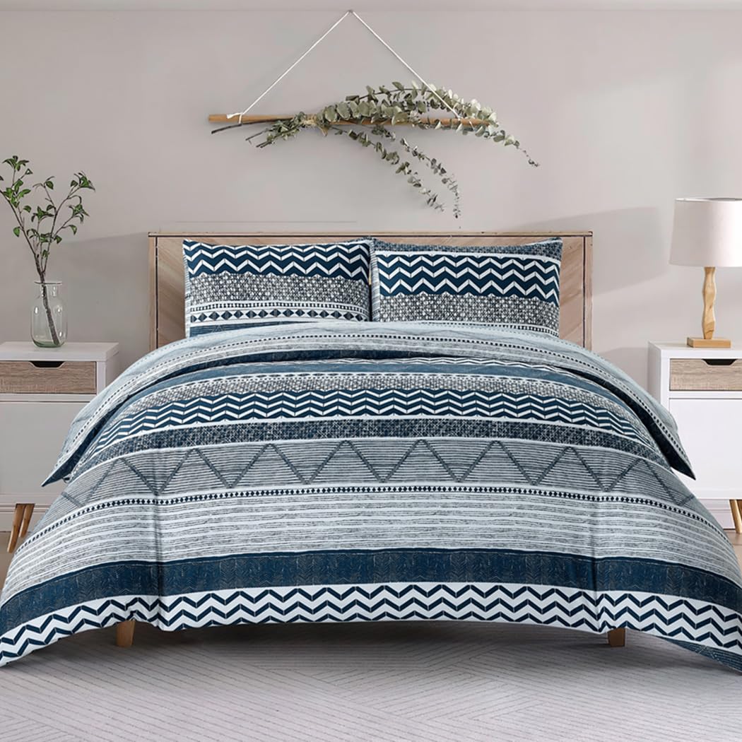 Lekesky Duvet Cover King Size, Soft Microfiber Boho Aztec Quilt Cover Set Blue Bohemian King Bedding Duvet Cover Sets With Zippe