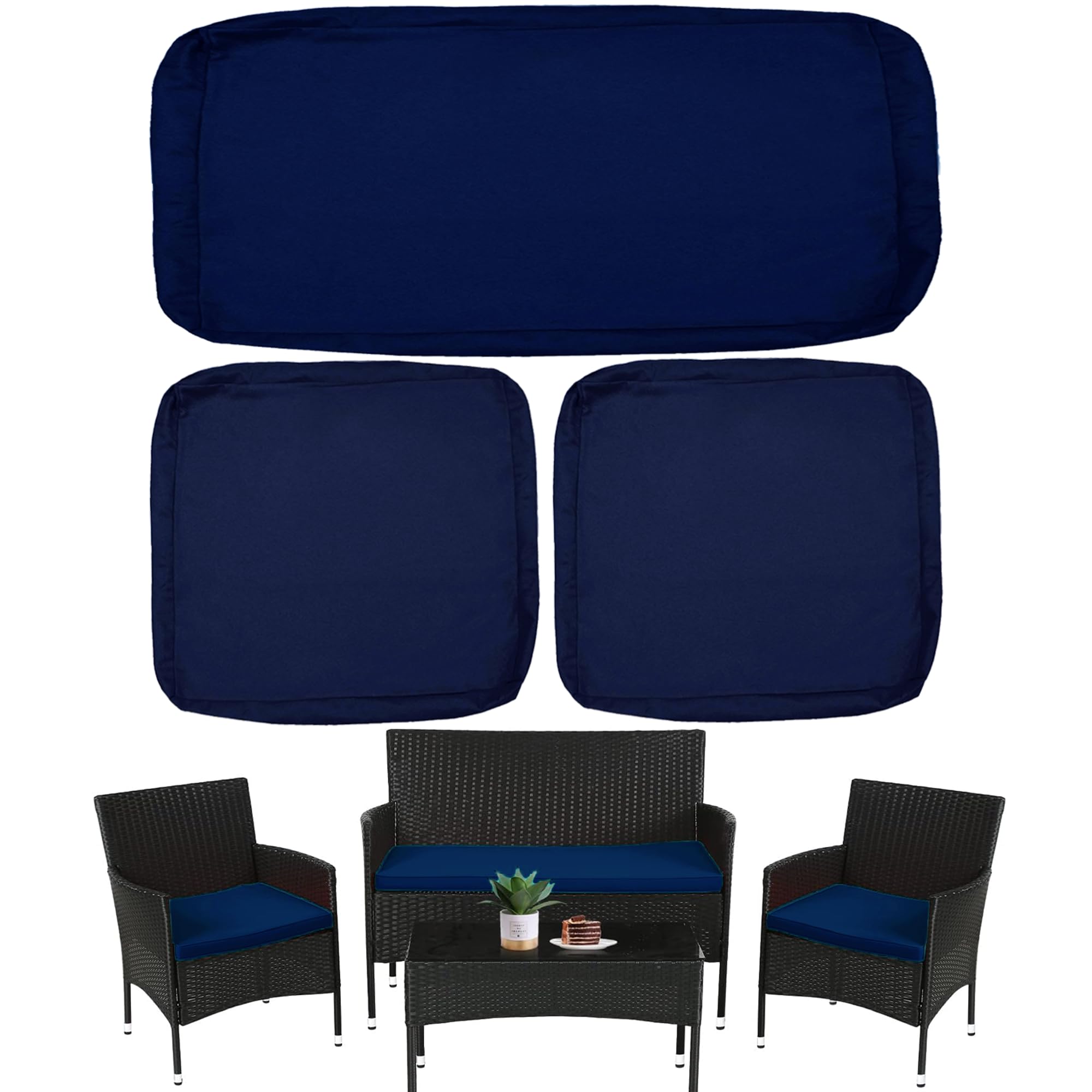 Sqodok Patio Outdoor Cushion Covers Set 3 Pack Furniture Seat Cushions Replacement Covers Waterproof Fit For 4-Seater Wicker Rattan Conversation Set Sofa Loveseat Chair Couch,42X18X3,18X18X2, Blue