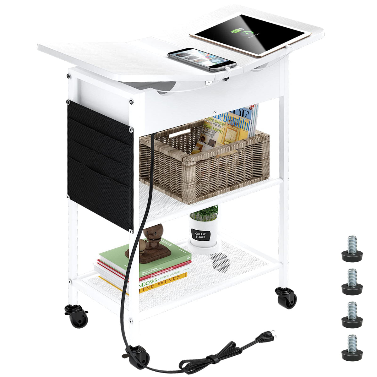 Slim Side Table With Wheels, Usb Ports And Outlets, Rolling Narrow End Table With Charging Station And Bag, Flip Top Nightstand With Hidden Storage Shelves For Living Room Bedroom Small Spaces, White