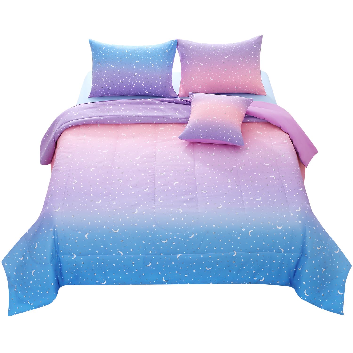 Jqinhome Queen Girls Comforter Set,6 Piece Bed In A Bag 3D Purple Orange Glitter Bedding Set -All Season Microfiber Rainbow Bedding Sets For Girls Women