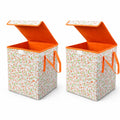 (set of 2) 35 L Orange Floral Print Foldable Laundry Box/Hamper with Lid & Side Handles | Rectangular Collapsible Storage Basket
