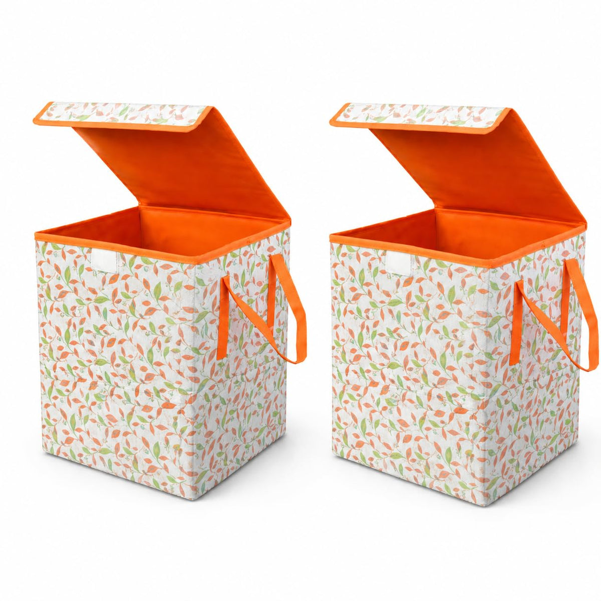 (set of 2) 35 L Orange Floral Print Foldable Laundry Box/Hamper with Lid & Side Handles | Rectangular Collapsible Storage Basket