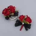 Abbie Home Prom Rose Corsage Boutonniere Set Real Touch Flowers for Party Ball Dancing Wedding with Lace Bow D  cor (Red)