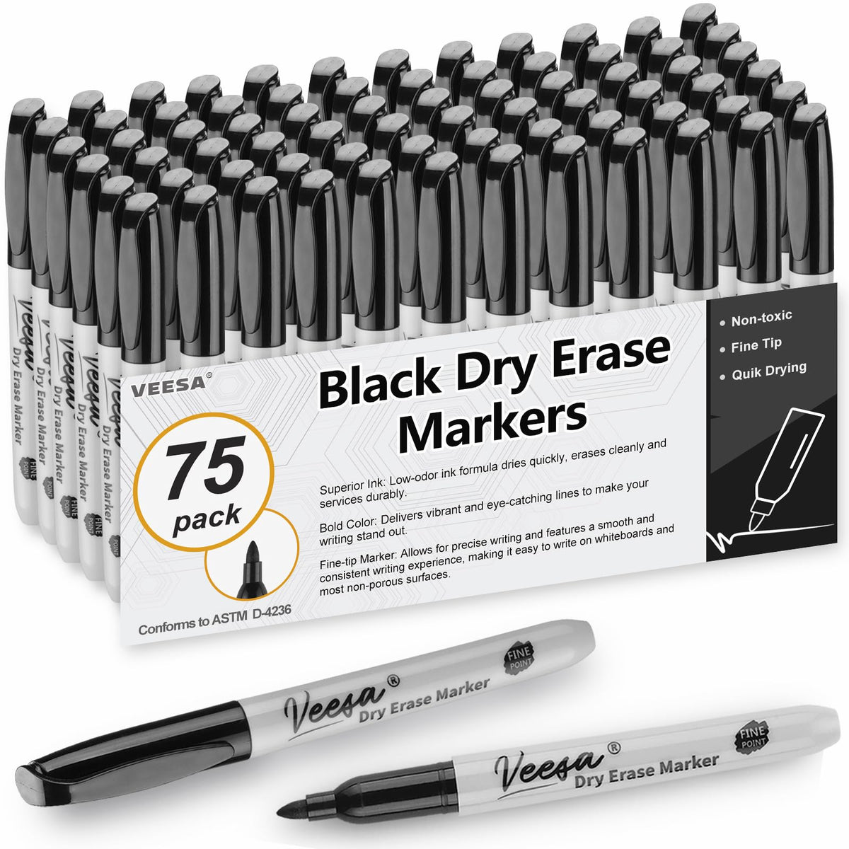 Veesa Fine Tip Dry Erase Markers, 75 Pack Low-Odor Whiteboard Markers For Office, School, Home Use | Non-Toxic Black Markers Eas