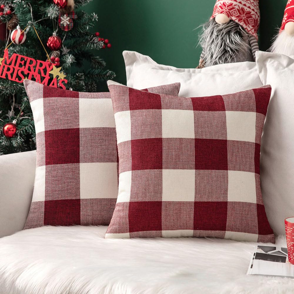 Miulee Pack Of 2 Christmas Classic Farmhouse Buffalo Check Plaids Polyester Linen Soft Solid White And Red Decorative Throw Pill