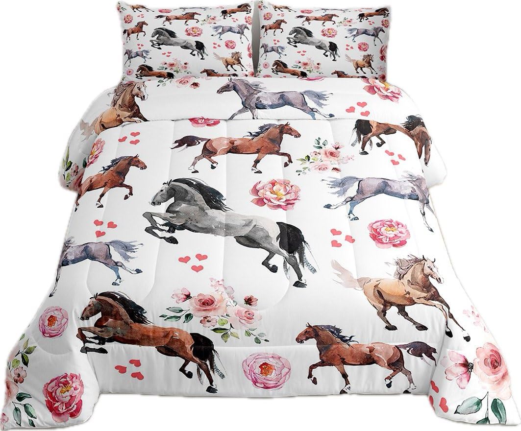 Erosebridal Queen Comforter For Horse Loves,Pink Horse With Romantic Rose Bedding For Girls Women,Farmhouse Western Animal Comfo