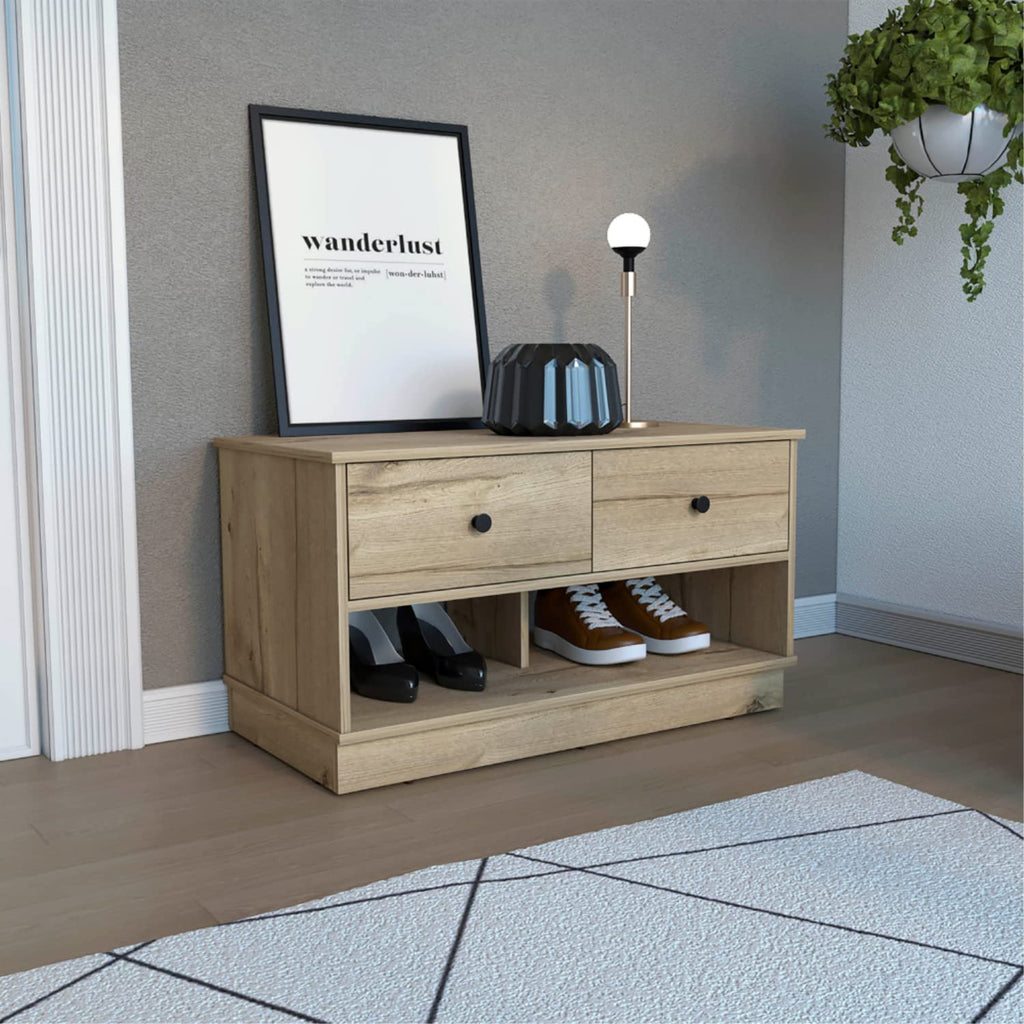 Uranus Storage Bench, 2 Drawers, 2 Open Shelves, Light Oak