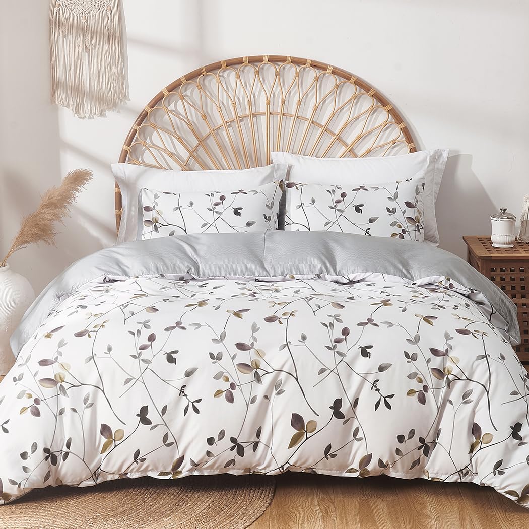 Lekesky Reversible Duvet Cover King Size, White Grey Tree Branch Pattern Comforter Cover King 3Pc Super Soft Microfiber Breathab