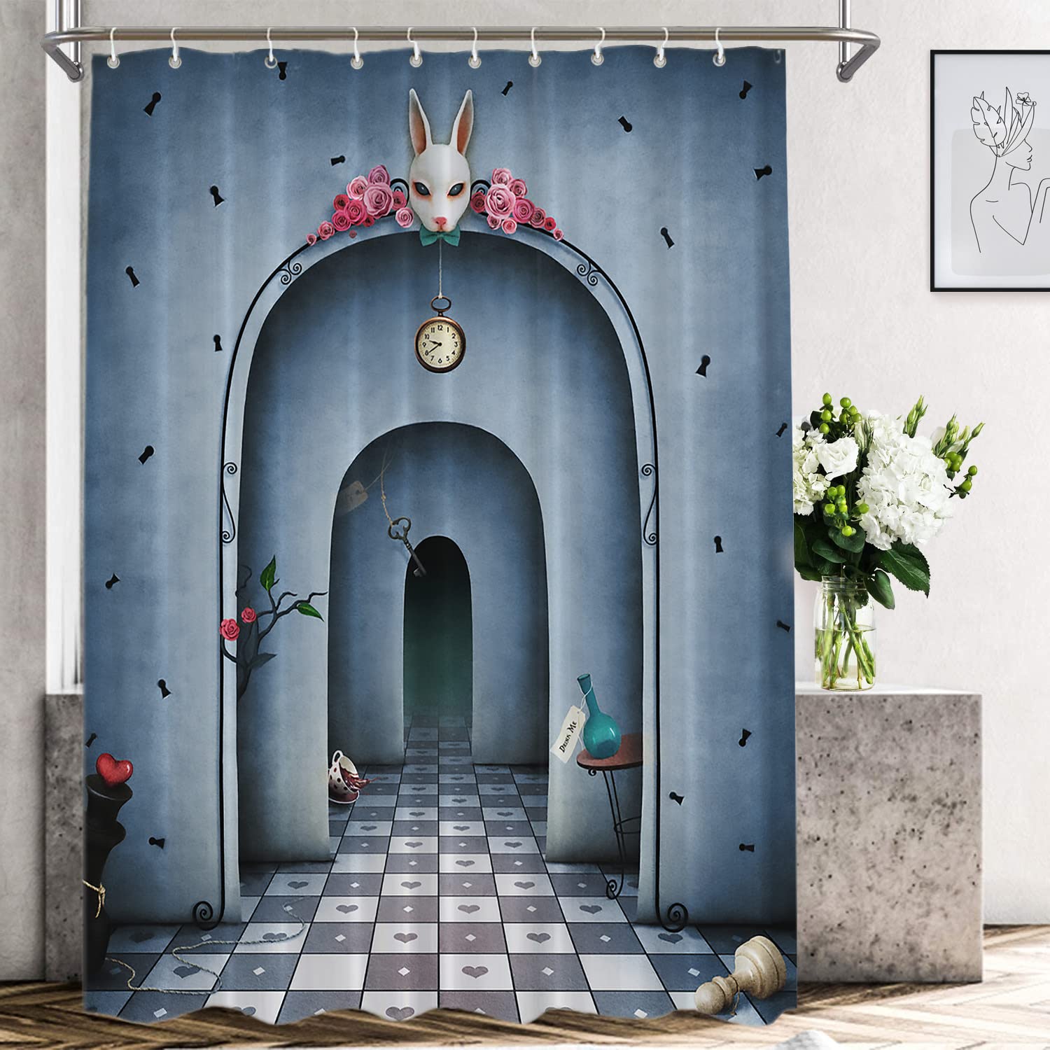 Shrahala Fantasy Blue Book Decorative Shower Curtain, White Rabbit Time Alice Wonderland Bathroom D  cor Polyester Fiber Waterpr
