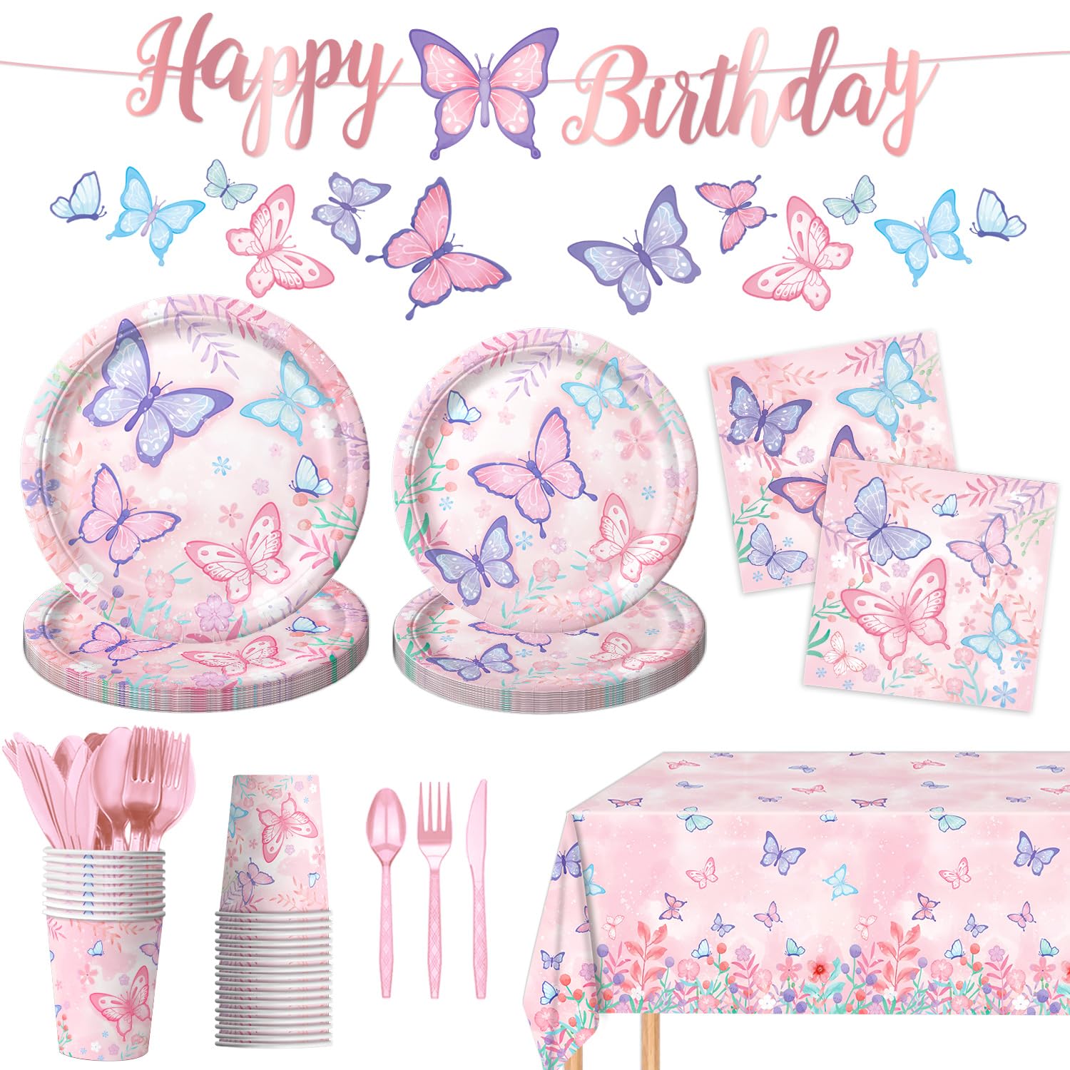 178 PCS Butterfly Birthday Party Supplies Disposable Paper Plates, Napkins, Cups, Cutlery, Tablecloth, Banner, and Hanging Swirl