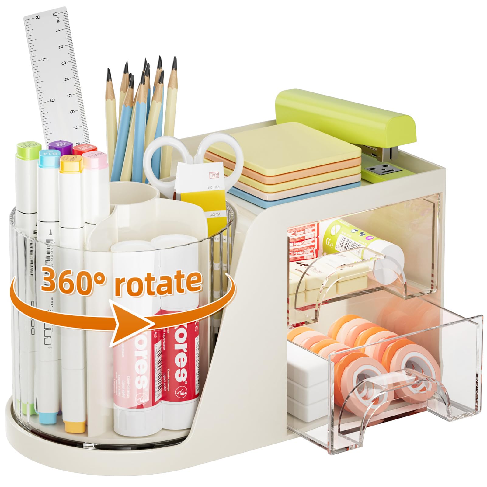 Marbrasse Desk Organizer With 2 Drawer, 360Rotating Pen Holder For Desk, Desk Organizers And Accessories With 6 Slots Pencil Org