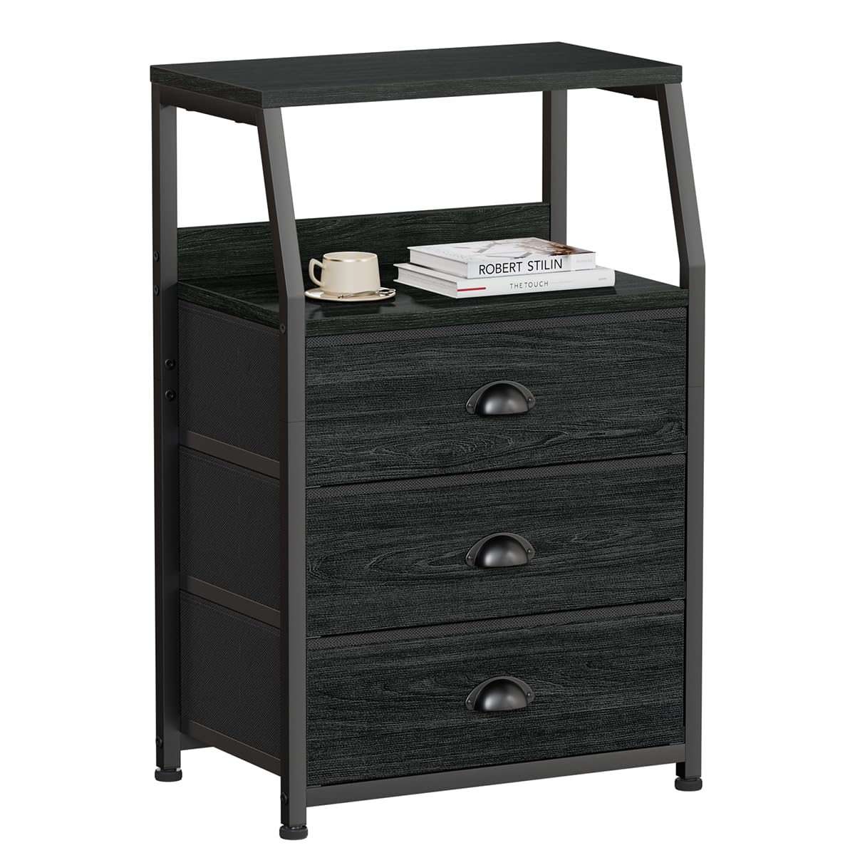 Furnulem Black Night Stand, Small Dresser For Bedroom, Nightstand With 3 Fabric Storage Drawers And 2-Tier Shelf, End Table Side Furniture For Closet, Hallway, Nursery, Sturdy Steel Frame, Wood Top