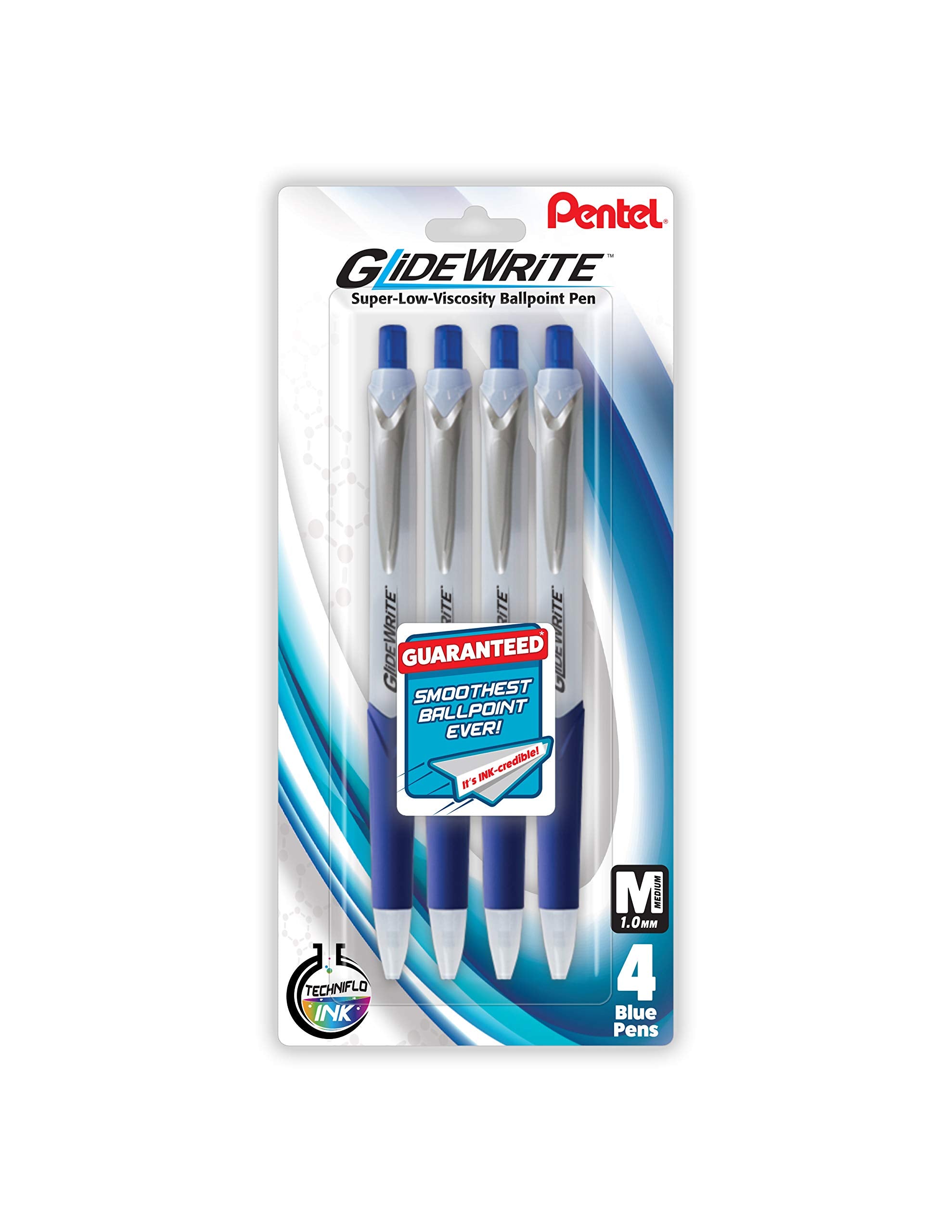 Pentel Pens, Glidewrite Ballpoint Pen With Techniflo Ink - 4 Pack Of Blue Ink Pens 1.0Mm With Retractable Barrel Design - Easy G
