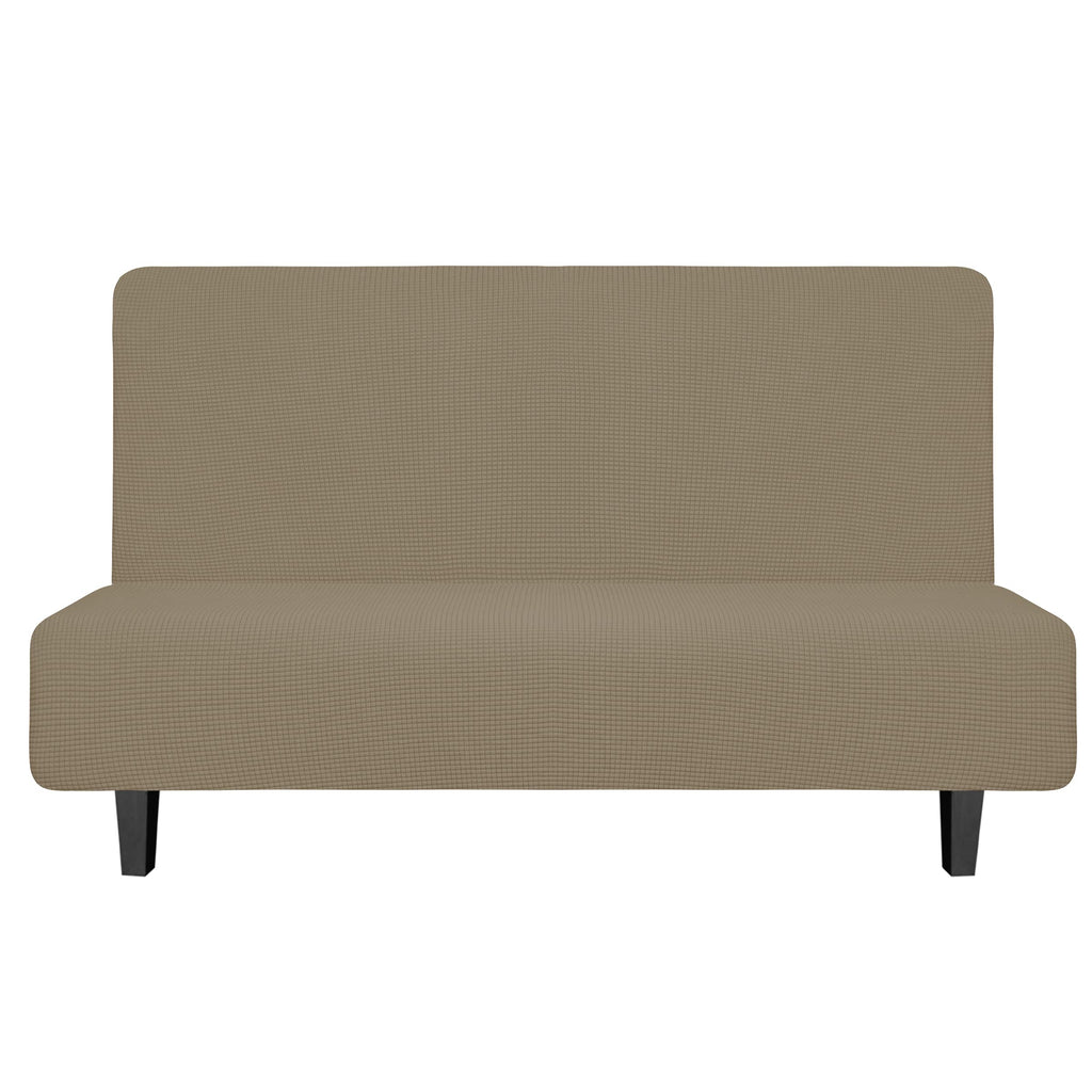Easy-Going Stretch Futon Slipcover Armless Futon Bed Cover Furniture Protector Without Armrests With Elastic Bottom For Kids, Soft Jacquard Fabric Small Checks (Medium, Natural)