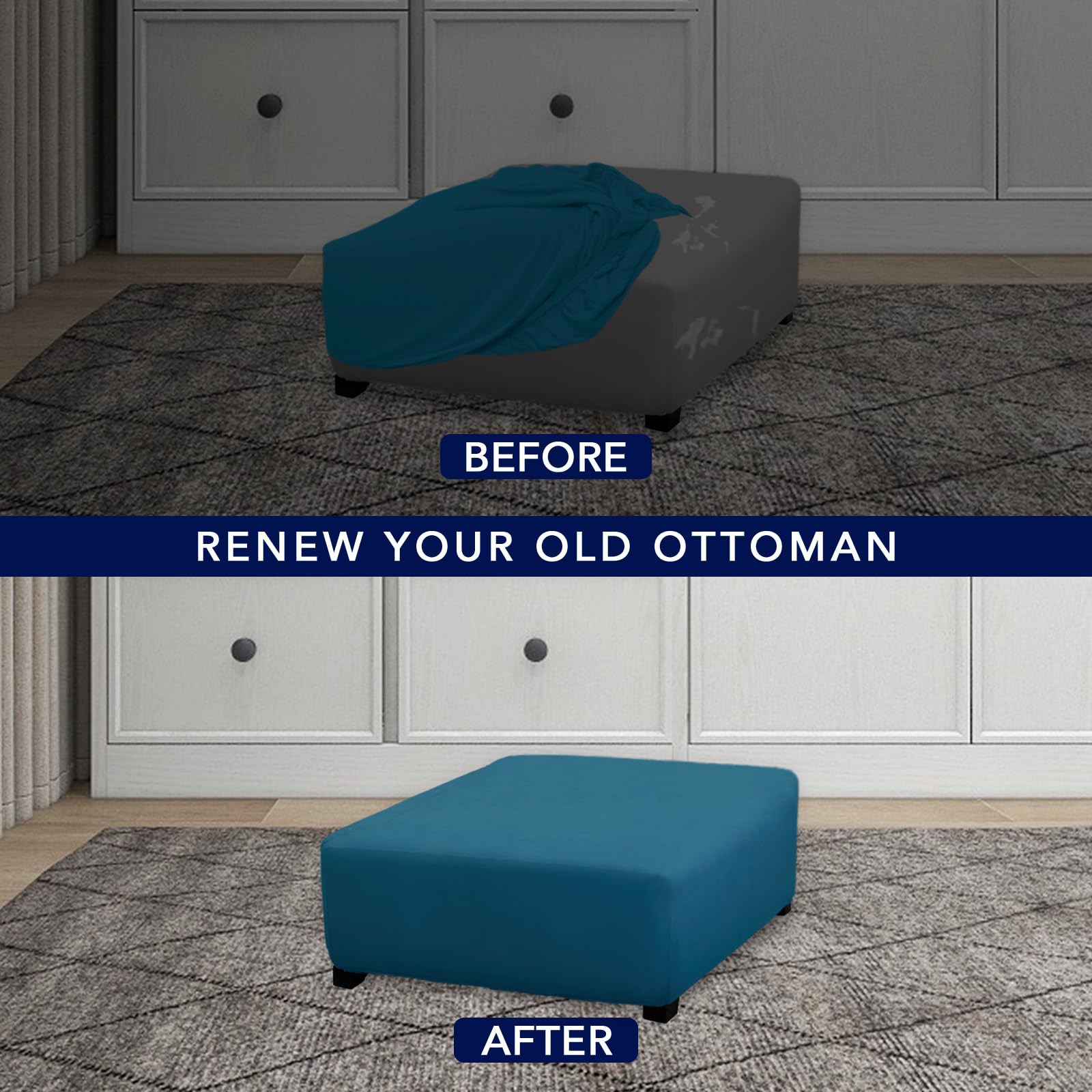 Purefit Super Stretch Form Fit Square Ottoman Cover Rectangle - Ottoman Slipcovers For Foot Stool & Folding Storage Furniture For Living Room With Nonslip Elastic Bottom (Medium-Xl, Peacock Blue)